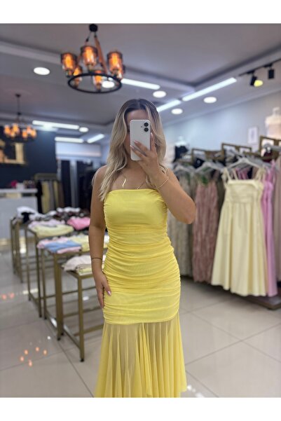 LİSAA BUTİK SARI STRAPLEZ ASİMETRİK TÜL ELBİSE