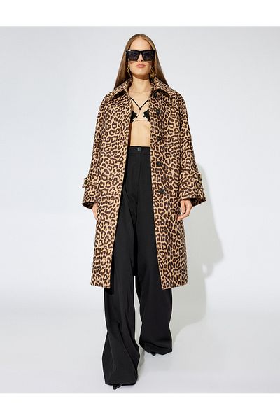 Koton Brown Women's Leopard Oversized Coat