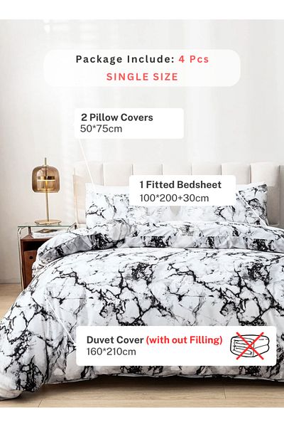 LUNA HOME Single-Size 4-Piece Duvet Cover Bedding Set featuring a White and Grey Marble Design 160x210cm,
