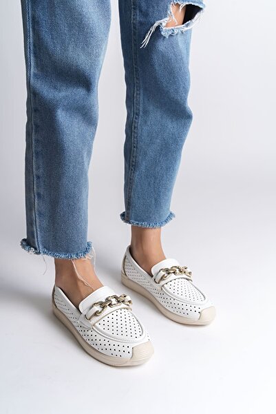 Joy Ayakkabı Layla laceless orthopedic comfortable sole heart patterned women's flat shoes ckt - white