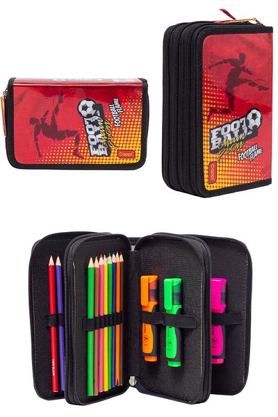 MUCCO Orange Football Patterned Pvc Three Compartment Boy Organizer Pen Holder Pencil Case -Cp7002