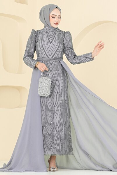 ModaMerve Pelerinli Simli Abiye 6632YG95-MS Gümüş