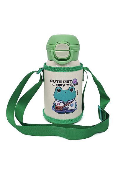 B4U Stainless steel thermos for kindergarten children, pop-up flip-top with straw, with string, green, 550 ml MD-107