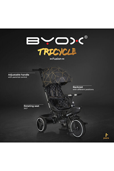 byox Fusion Black children's tricycle, height-adjustable parental handle, 360° rotating seat
