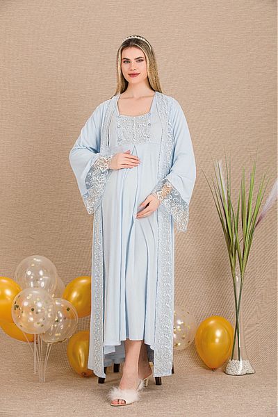 Lady Lingerie Maternity-Pregnancy 2-Piece Set with Morning Dress, Lace and Long Sleeve Nightgown