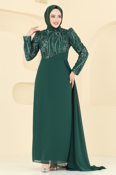 ModaMerve Pelerin Detay Şifon Abiye 6625YG95-MS Zümrüt