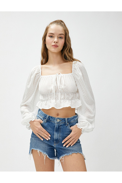 Koton Square Neck Ruffle Puff Sleeve Crop Blouse