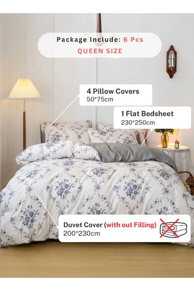 LUNA HOME 6 Piece Queen Size Bedding Set without filler Bohemian with Blue Flowers Design 200x230cm.