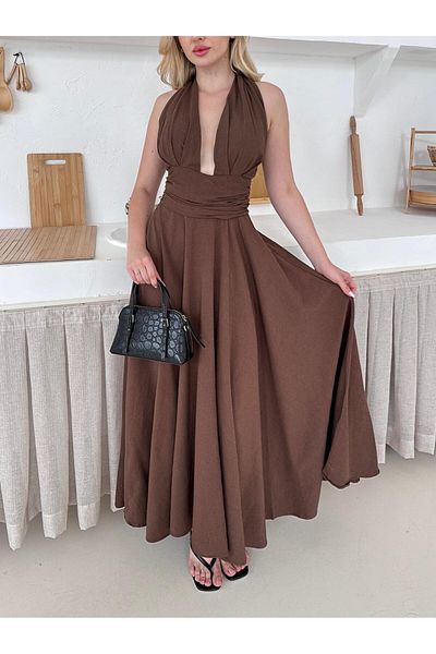 Gameyal Trendy Double Breasted Tie Back Low Cut Maxi Summer Dress
