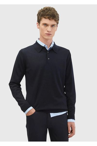 Ramsey Navy Blue Polo Collar Plain Knitted Wool Blended Knitwear