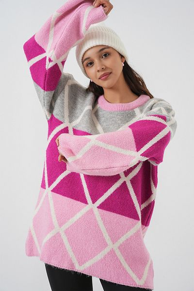 Bigdart Women's Diamond Patterned Oversize Long Sweater 15931 - Pink