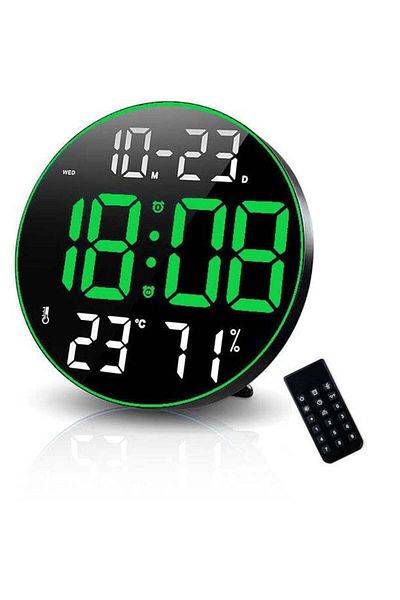VTM Round Digital Wall Clock with Green LED, Calendar, Thermometer, 2 Alarms, Snooze, Remote Control