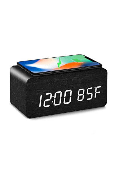 VTM Ceas Digital Negru cu LED Alb, Incarcare Wireless, Alarma, Temperatura, 3...