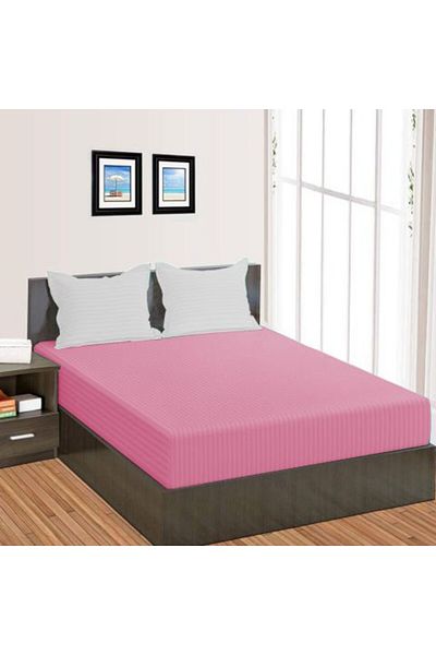HomePuls Fitted Bed Sheet Damask Polycotton Stripe 1 cm, 210 x 250 cm for mattress 160 x 200 cm, Pink Bonbon