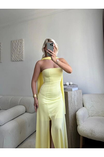 Zora Butik Yırtmaçlı Straplez Kuşaklı Elbise - SARI