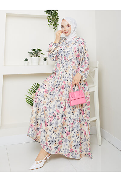 KMKkombin KADIN YAZLIK TREND DESEN MANGO KUMAŞ DÜĞMELİ ELBİSE