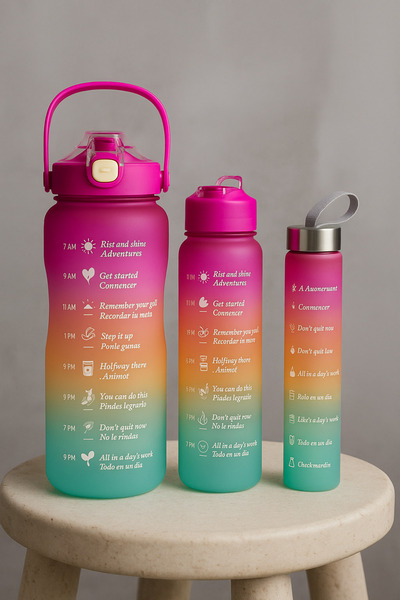 QUİCKPREP PAPATYALI Motivasyonel 3 lü Set Su Matarası 2 lt+900 ml+500 ml Tritan Spor Salonu Suluk