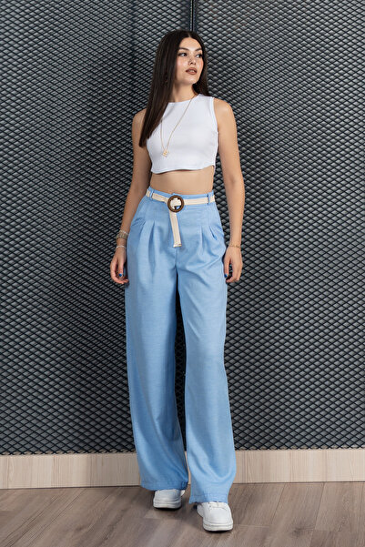 MissVina Λινό παντελόνι με ζώνη και πλισέ μέση με ελαστικό στο πίσω μέρος 30285