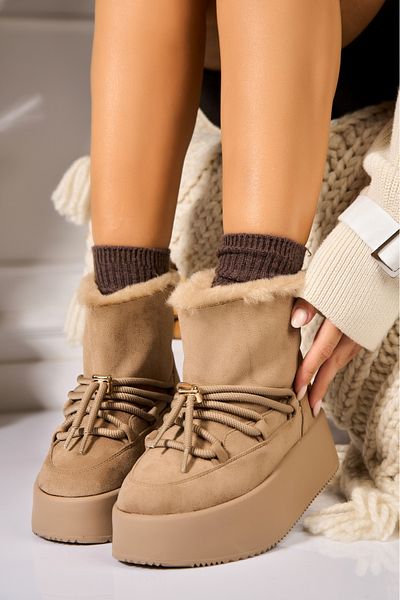 Joana Women's Khaki Fur-lined Boots Made of Eco-Suede Leather Rokaya