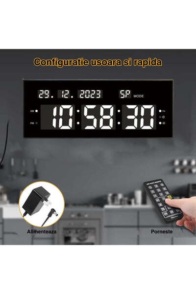 VTM Ceas Digital LED Alb cu Cronometru, Calendar, Timer, Alarmă, 32x12cm, Luminozitate Ajustabilă