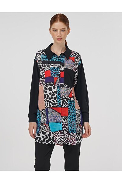 Kayra Patterned Tunic Collar Tunic Ka-B25-21222 - Black