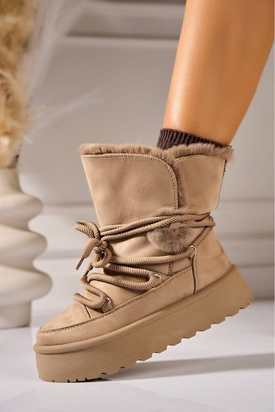 Joana Women's Khaki Fur-lined Boots Made of Eco-Suede Leather Naviana