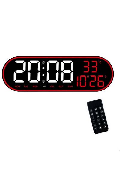VTM Ceas Digital de Perete Oval cu LED Rosu, Calendar, Cronometru, 2 Alarme, Termometru, Telecomanda