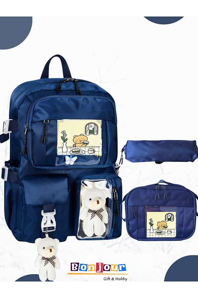 Bonjour Gift & Hobby Set of 3 Korean Models: Children's Primary School Bag, Pen Holder, Lunch Box, Backpack