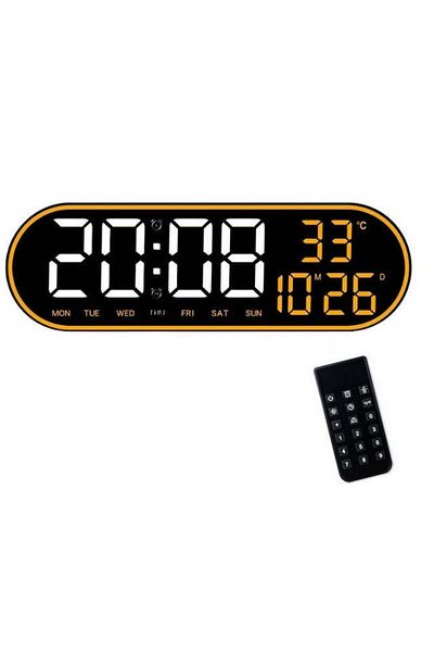 VTM Ceas Digital Oval cu LED Portocaliu, Calendar, Cronometru, 2 Alarme, Termometru, Snooze, 38cm