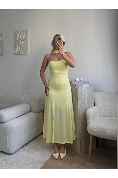 Zora Butik Yırtmaçlı Straplez Kuşaklı Elbise - SARI