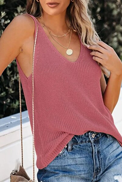 Mossta V-Neck Thick Strap Knitwear Blouse - Dusty Rose