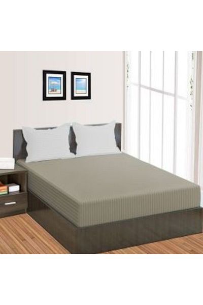 HomePuls Bed Sheet with Elastic Damask Polycotton Stripe 1 cm, 210 x 250 cm for Mattress 160 x 200 cm, Beige