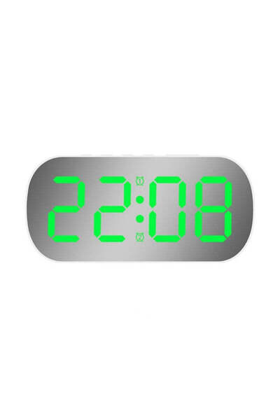 VTM White Digital Clock with Green LED, Oval Mirror Style, Alarm, 5 Brightness Levels, Adapter Included