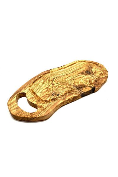 OEM Olive wood chopping board with inner handle and channel, rustic shape 45-49cm