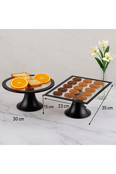 Fiyakalı Ürünler Atölyesi 2-Piece Black Round and Rectangular Cake Stand, Cake and Cookie Presentation Stand, Dowry, Gift