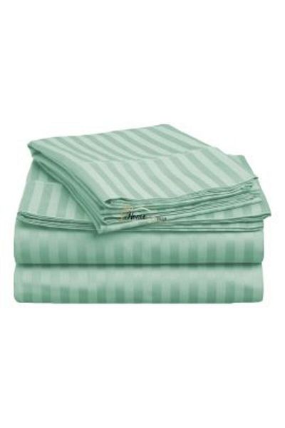 HomePuls Fitted Sheet Damask Cotton 100% Stripe 1 cm, 230 x 250 cm for Mattress 180 x 200 cm, Mint Green