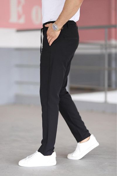 Bürke Men's Black Color Half Elastic Waist Lace up Comfortable Stretchy Fitted Lycra Trousers