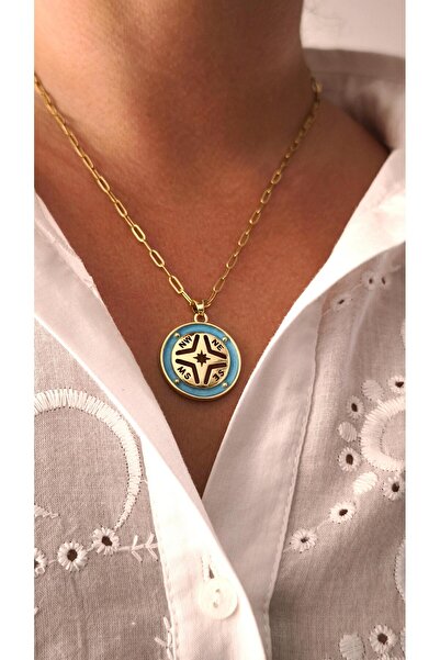 VOBEEYKU سلسلة ذهبية مع قلادة بوصلة زرقاء من السلسلة الخاصة