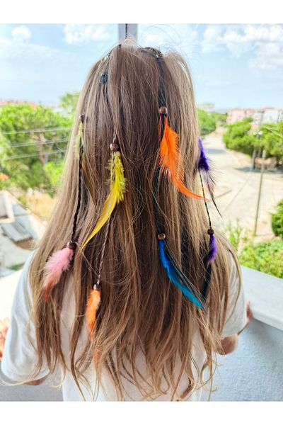 LORESİMA AKSESUAR 2 Pieces Hair Cube Hair Thread with Feather Details