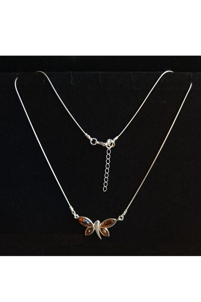 OEN Silver necklace with cognac brown amber, butterfly pattern, length 43 cm