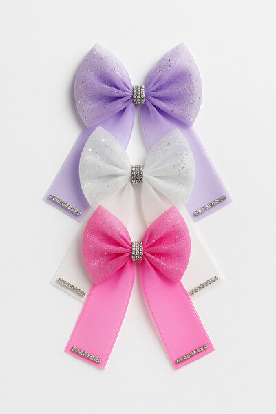 ESİLA KİDS Kız Çocuk Toka Simli Taşlı Tül Fiyonk Toka 3'lü Set Renkli ve Parl...