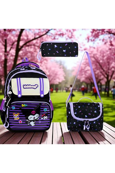 JOJO KIDS Girl Child Kuromi Primary School Backpack, Waterproof Bag, Set of 3
