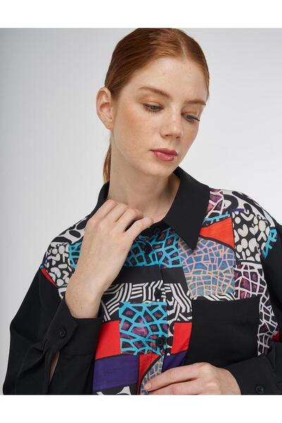 Kayra Patterned Tunic Collar Tunic Ka-B25-21222 - Black