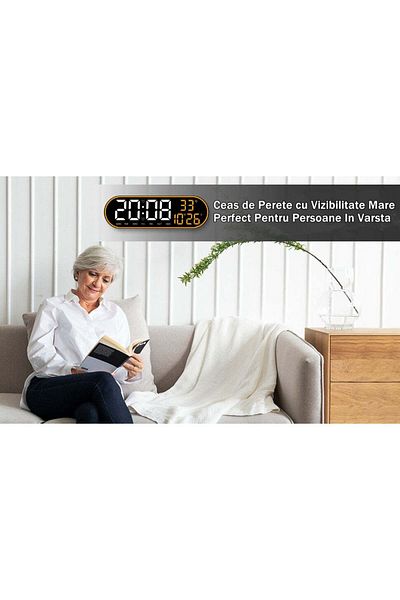 VTM Ceas Digital Oval cu LED Portocaliu, Calendar, Cronometru, 2 Alarme, Termometru, Snooze, 38cm
