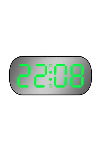 VTM Black Digital Clock with Green LED, Oval Mirror Style, Alarm, 5 Brightness Levels