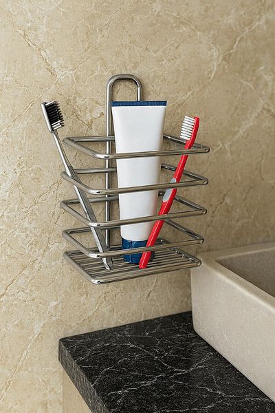 Sas Haus Chrome Adhesive Toothbrush Holder - Wall Mounted, Multipurpose Organizer - Stainless Metal - Dş-01