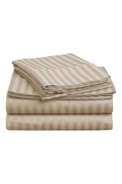 HomePuls Bed Sheet with Elastic Damask Cotton 100% Stripe 1 cm, 230 x 250 cm for Mattress 180 x 200 cm, Beige