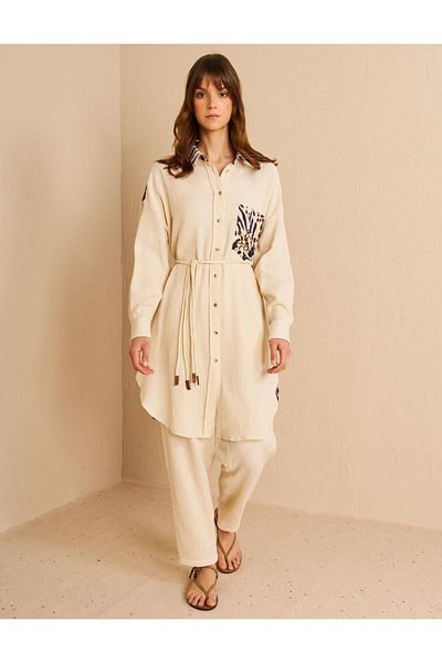 Kayra Animal Print Patterned Muslin Tunic Ka-B25-21196 - Cream