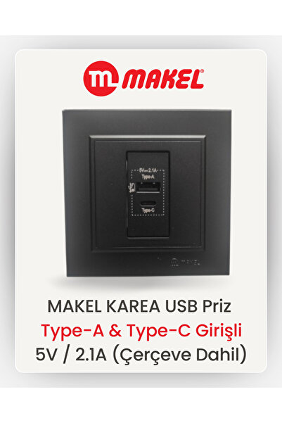 MAKEL USB Priz | Type-A & Type-C Girişli | 5V / 2.1A (Siyah)