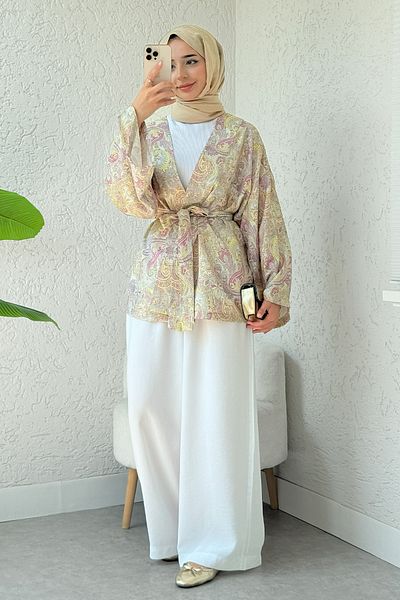 Salih Çelebi Shawl Pattern Belted Kimono 2375 - Yellow